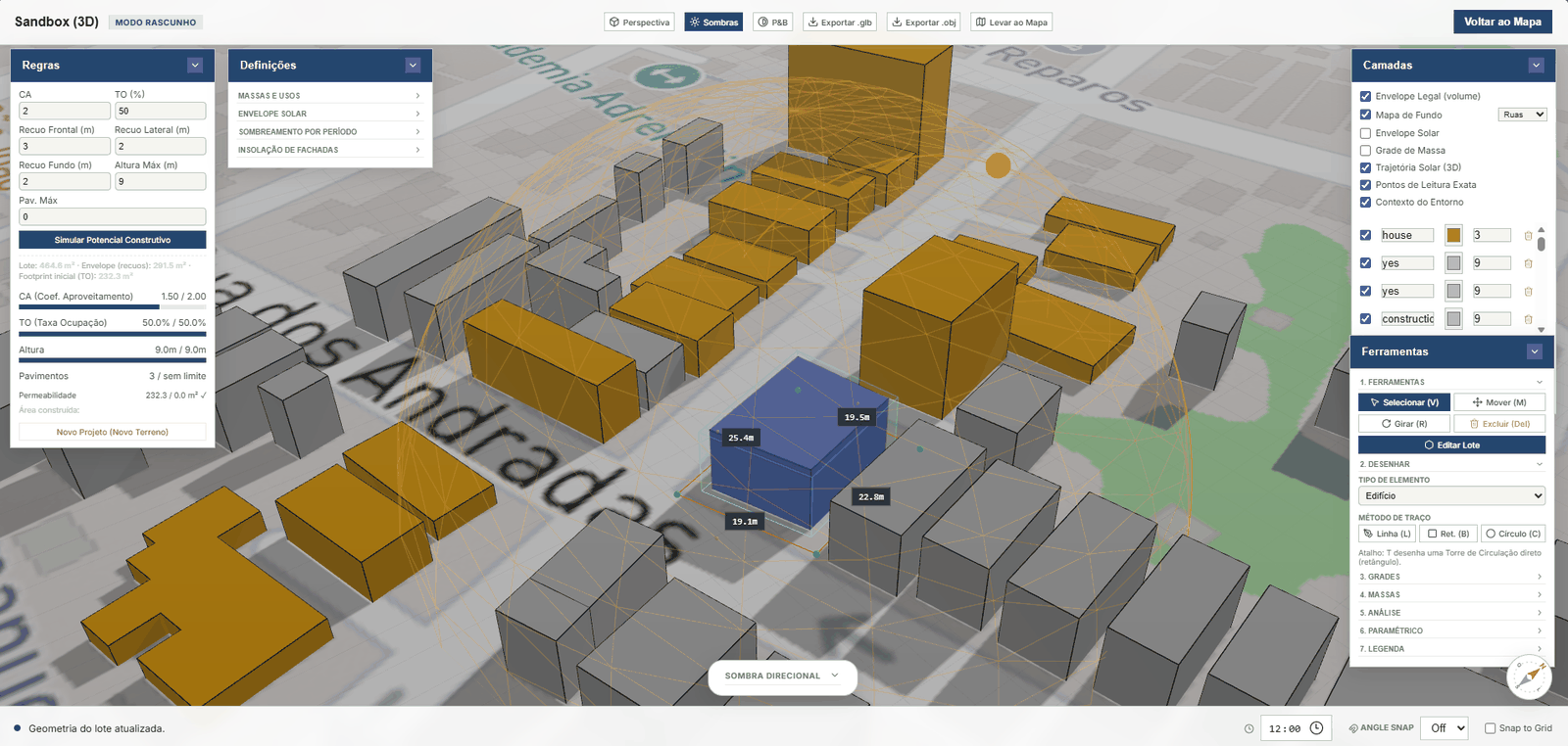 Simulador 3D com envelope legal e massa modelada dentro do lote